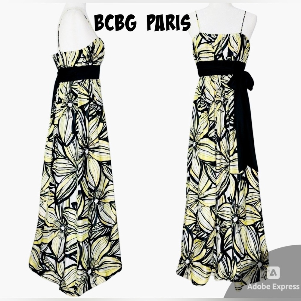 🪩🪩BCBG Paris Black and Yellow Floral‎ Maxi Formal Gown🪩🪩